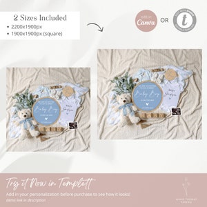 May include: A blue and white baby shower announcement with a blue and white teddy bear, a blue and white baby onesie, and a wooden sign that says "Baby Boy is on the way".