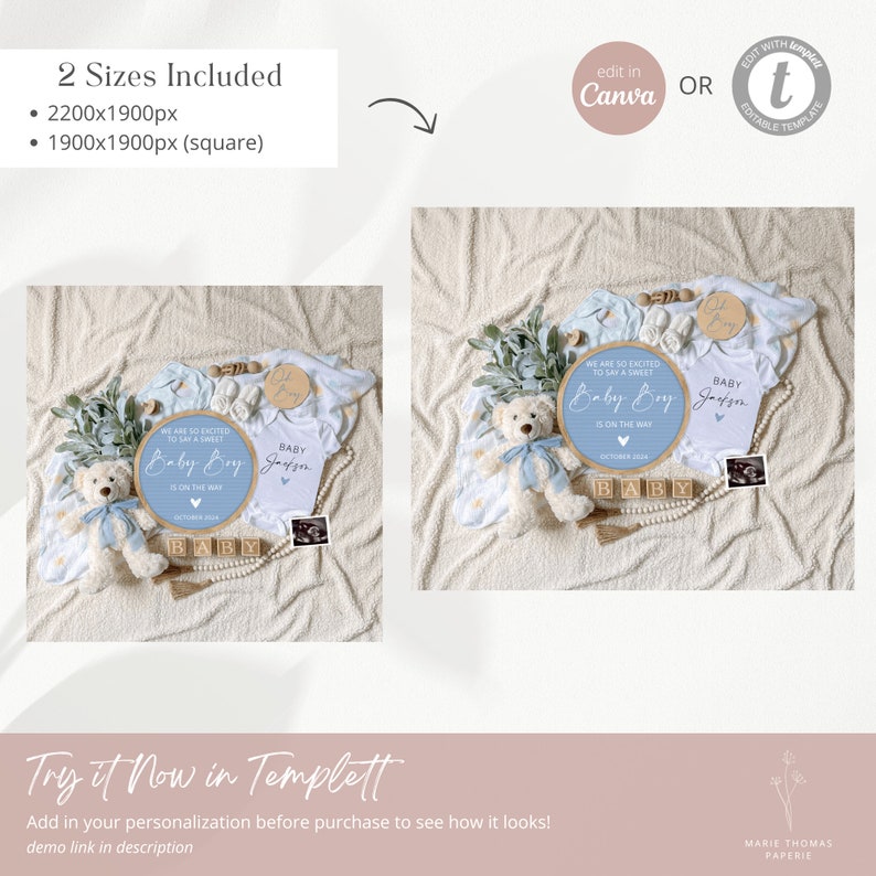 May include: A blue and white baby shower announcement with a blue and white teddy bear, a blue and white baby onesie, and a wooden sign that says "Baby Boy is on the way".