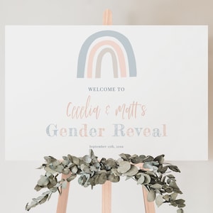 Rainbow Gender Reveal Welcome Sign, Boho Dusty Pink and Blue, Gender Reveal Welcome Poster,  Printable Instant Download - Blakely