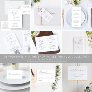 K&ouml;nnte beinhalten: Ein Set Hochzeitsschriftgut mit einer Kalligrafie-Schriftart. Das Set beinhaltet eine Save-the-Date-Karte, eine Einladung, eine RSVP-Karte, ein Men&uuml;, eine Tischnummernkarte und ein Willkommens-Schild. Das Schriftgut ist wei&szlig; mit schwarzer Kalligrafie.