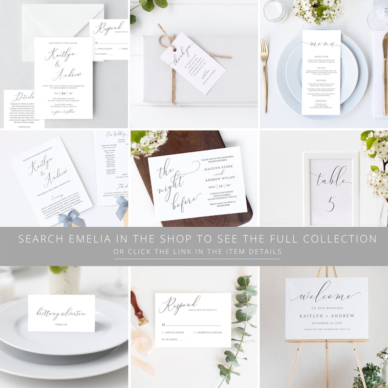 K&ouml;nnte beinhalten: Ein Set Hochzeitsschriftgut mit einer Kalligrafie-Schriftart. Das Set beinhaltet eine Save-the-Date-Karte, eine Einladung, eine RSVP-Karte, ein Men&uuml;, eine Tischnummernkarte und ein Willkommens-Schild. Das Schriftgut ist wei&szlig; mit schwarzer Kalligrafie.