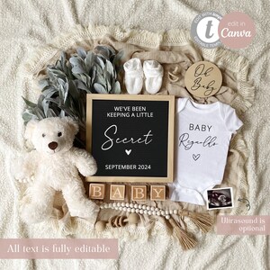 May include: A black chalkboard with the text "We've been keeping a little secret" and "September 2024". A white onesie with the text "Baby [Name]" and a heart. A white teddy bear, wooden blocks spelling "Baby", and a wooden rattle.