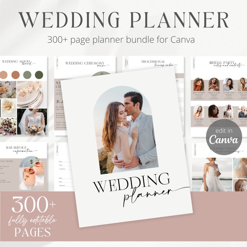 May include: A wedding planner bundle for Canva with over 300 pages. The cover features a couple in a romantic embrace with a white background and the text "WEDDING planner" in black script.
