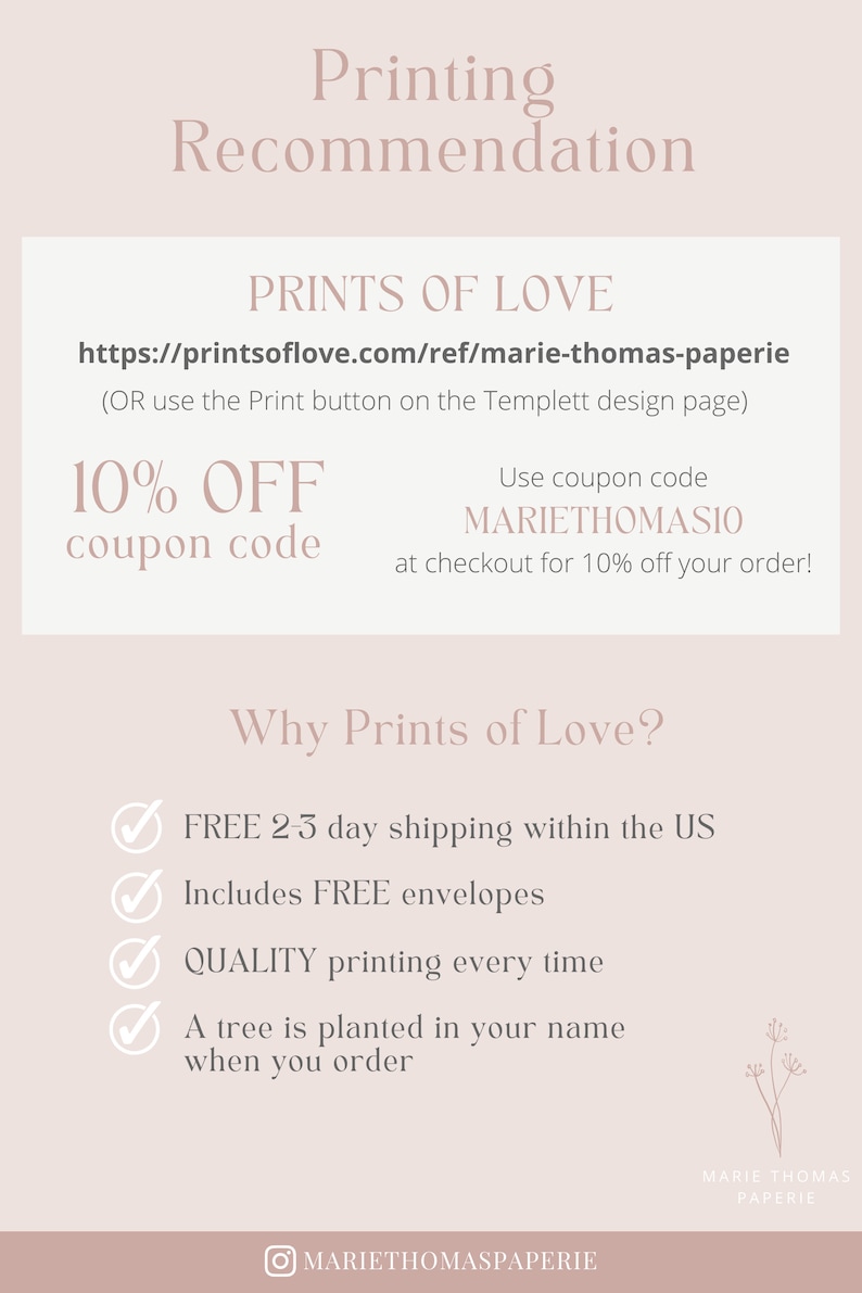 K&ouml;nnte beinhalten: Eine rosa und wei&szlig;e Grafik mit dem Text "Druckempfehlung" und "Prints of Love" mit einer Website-Adresse und einem 10% Rabatt-Gutscheincode. Die Grafik enth&auml;lt auch eine Liste von Gr&uuml;nden, warum man Prints of Love nutzen sollte, darunter kostenloser Versand, kostenlose Umschl&auml;ge, hochwertige Druckqualit&auml;t und ein Baum, der f&uuml;r jede Bestellung gepflanzt wird.
