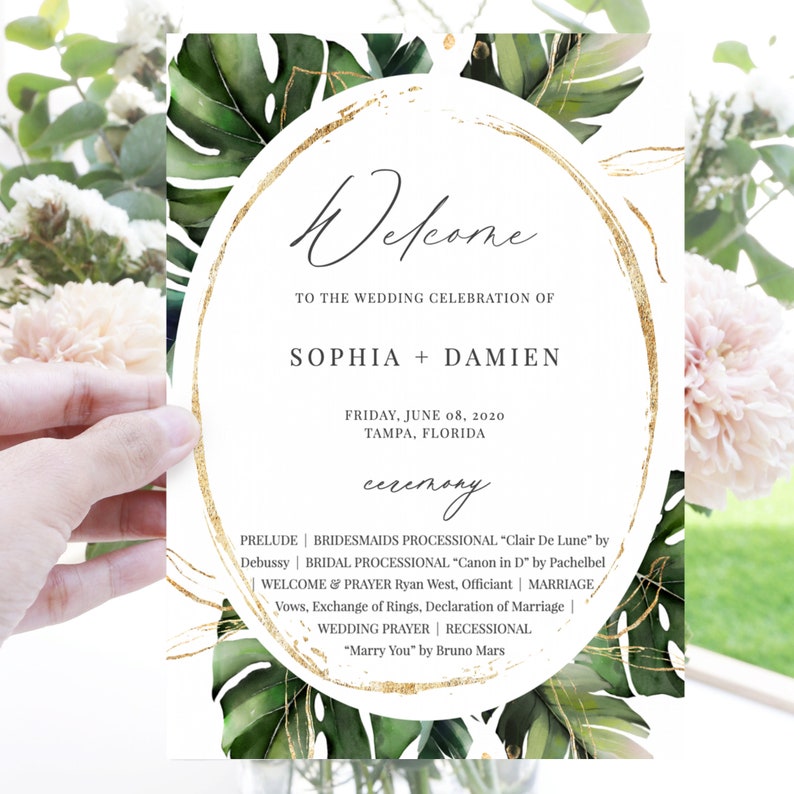 Nalani Tropical Wedding Program Fan Template, Monstera Palm Leaves, Wedding Ceremony Program, 100% Editable, Instant Download image 3