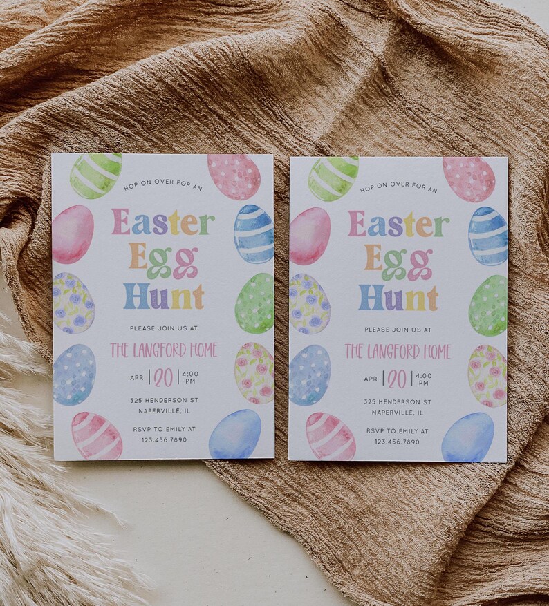 May include: Two Easter Egg Hunt invitations with colorful watercolor eggs. The invitations include the text "Easter Egg Hunt" and event details: date, time, location, and RSVP information.