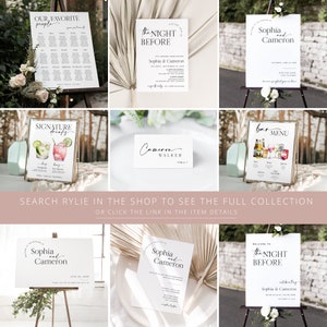 May include: A set of printable wedding signs with a modern minimalist design. The signs include a welcome sign, a seating chart, a signature drinks sign, a bar menu, and place cards. The signs are all white with black text and feature a watercolor floral design.