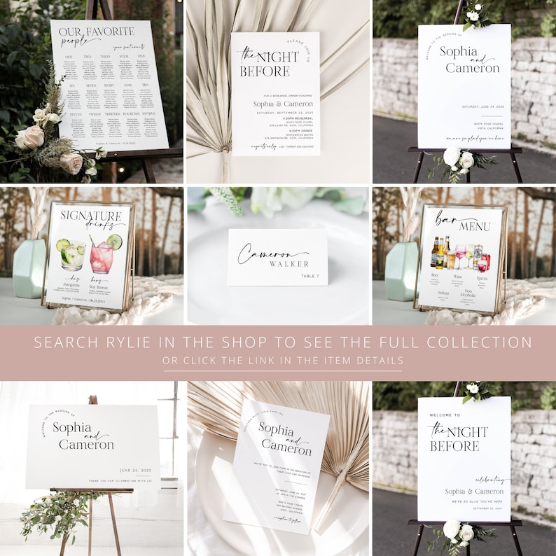 May include: A set of printable wedding signs with a modern minimalist design. The signs include a welcome sign, a seating chart, a signature drinks sign, a bar menu, and place cards. The signs are all white with black text and feature a watercolor floral design.