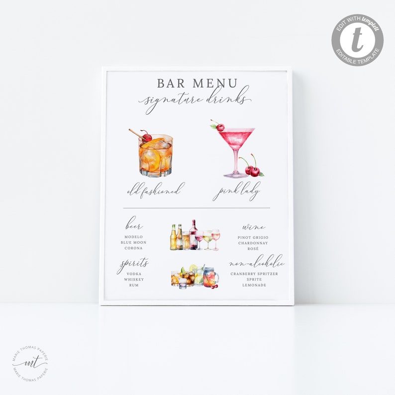 Signature Drink Sign, Minimalist Bar Menu Template, Modern Editable Drink Menu, Printable Bar Menu, 3000 Images, Editable Template Emelia image 6