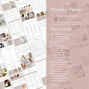 May include: A pink and white wedding planner with the text "Wedding Planner" and "214 pages" on the cover. The planner includes a table of contents, checklists, budget trackers, vendor information sheets, and more.