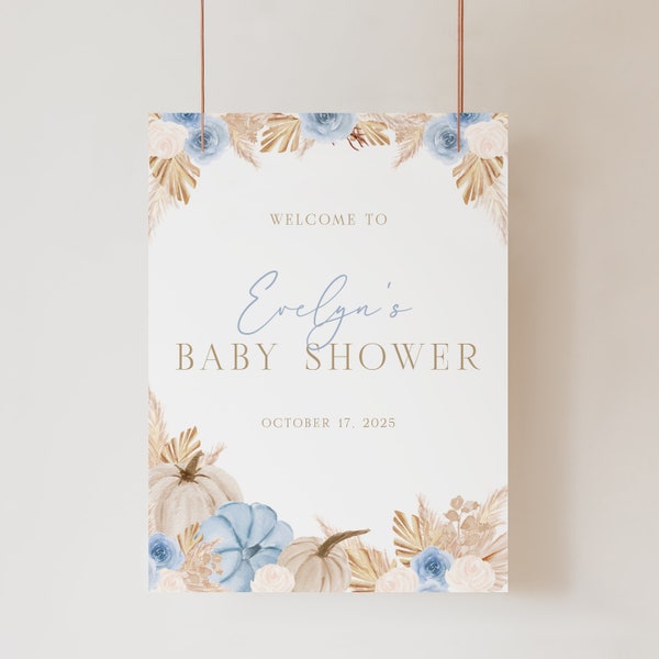 Editable Blue Pumpkin Baby Shower Welcome Sign, Boho Boy Baby Shower Welcome Poster, Blue Boho Pumpkin, Template Instant Download - Aiden