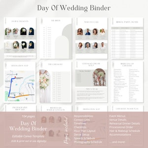 May include: A printable wedding binder template with 104 pages. The binder includes sections for floral elements, the bride, who to call, bridal party duties, destination map, photography shot list, the ceremony, bridesmaid roles and contacts, ceremony decor setup, bride's day of checklist, ceremony floor plan, responsibilities, contact lists, timelines, checklists, floor plan layout, decor setup, speech schedule, photography schedule, event menus, venue details, rehearsal dinner details, processional order, hair and makeup schedule, and accommodations.