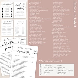 May include: A set of printable bridal shower games with pink and black accents. The games include "He Said She Said", "Don't Say Wedding", "Match the Love Songs", "Wedding Traditions", "What Did the Groom Say", "Does the Bride Really Know the Groom", and "Guess How Many Questions the Bride to Be Will Answer Correctly".