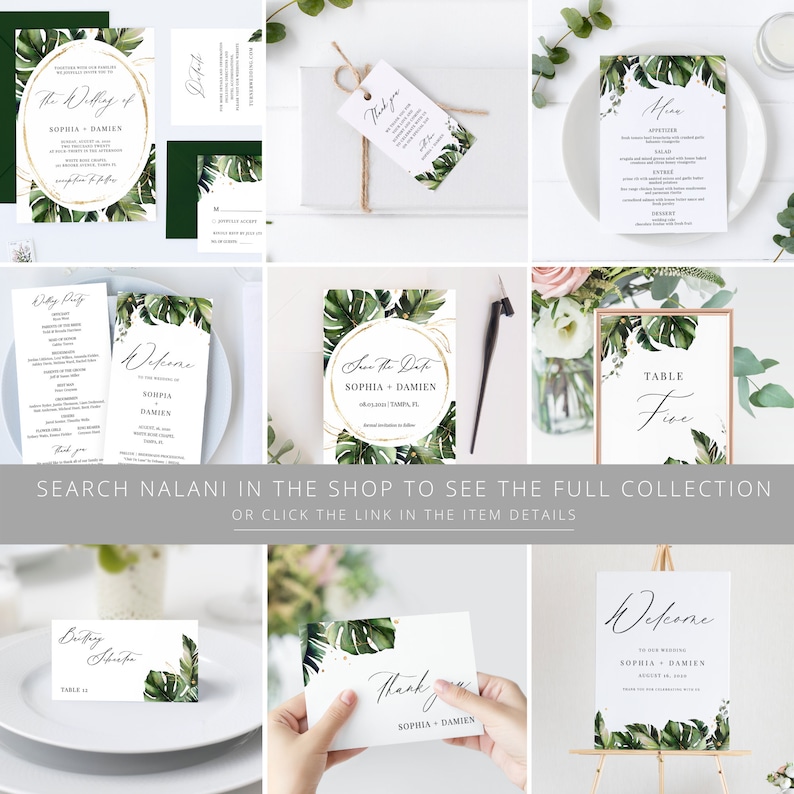 Nalani Tropical Wedding Program Fan Template, Monstera Palm Leaves, Wedding Ceremony Program, 100% Editable, Instant Download image 5