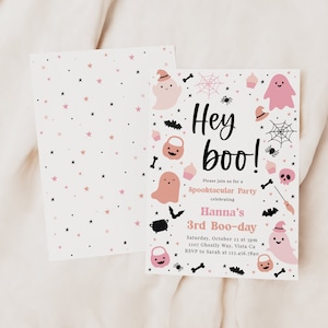 May include: Pink and black Halloween party invitation with a ghost, bats, spiderwebs, and the text "Hey boo!"  Please join us for a Spooktacular Party celebrating Hanna's 3rd Boo-day. Saturday, October 23 at 3pm. 1207 Ghostly Way, Vista Ca. RSVP to Sarah at 123.456.7890.