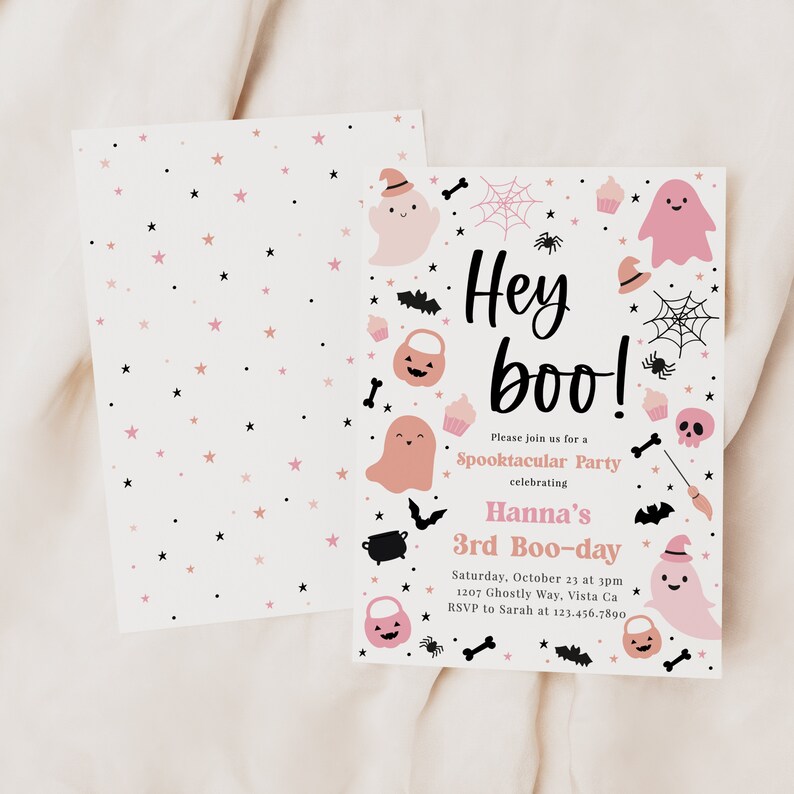 May include: Pink and black Halloween party invitation with a ghost, bats, spiderwebs, and the text "Hey boo!"  Please join us for a Spooktacular Party celebrating Hanna's 3rd Boo-day. Saturday, October 23 at 3pm. 1207 Ghostly Way, Vista Ca. RSVP to Sarah at 123.456.7890.