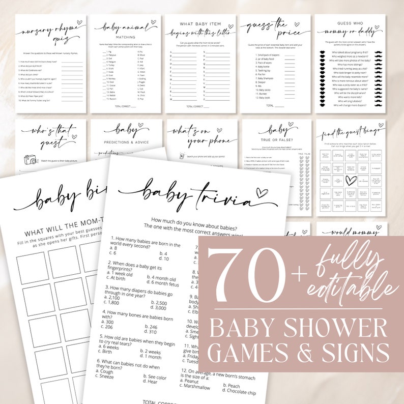 Peut inclure: Un ensemble de jeux et d'affiches de f&ecirc;te pr&eacute;natale imprimables. Les jeux comprennent "Baby Animal Matching", "What Baby Item Begins With This Letter", "Guess the Price", "Guess Who: Mommy or Daddy", "Who's That Guest", "Baby Predictions & Advice", "What's on Your Phone", "Baby True or False", "Find the Guest Thing", "Baby Bingo", "Baby Trivia", and "Would Mommy Rather".