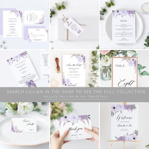Puede incluir: Suite de invitaci&oacute;n de boda floral en morado y blanco con un dise&ntilde;o de acuarela. La suite incluye una tarjeta de guardar la fecha, una invitaci&oacute;n, una tarjeta de detalles, una tarjeta RSVP, una tarjeta de men&uacute;, una tarjeta de n&uacute;mero de mesa, un cartel de bienvenida y una tarjeta de agradecimiento. El texto en las tarjetas incluye los nombres Amanda Kate e Ian Joseph, la fecha de la boda y la ubicaci&oacute;n de la boda.