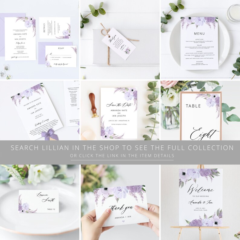 Puede incluir: Suite de invitaci&oacute;n de boda floral en morado y blanco con un dise&ntilde;o de acuarela. La suite incluye una tarjeta de guardar la fecha, una invitaci&oacute;n, una tarjeta de detalles, una tarjeta RSVP, una tarjeta de men&uacute;, una tarjeta de n&uacute;mero de mesa, un cartel de bienvenida y una tarjeta de agradecimiento. El texto en las tarjetas incluye los nombres Amanda Kate e Ian Joseph, la fecha de la boda y la ubicaci&oacute;n de la boda.