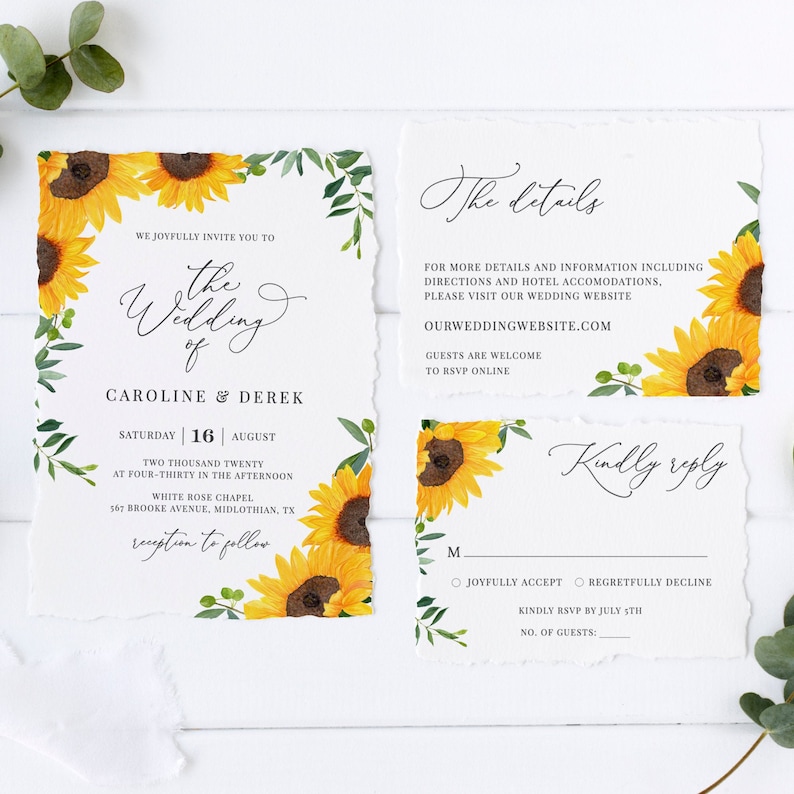 Maybelle Sunflower Wedding Invitation Template Download, Rustic Wedding Invitation Set, Wedding Suite, 100% Editable, Instant Download image 1