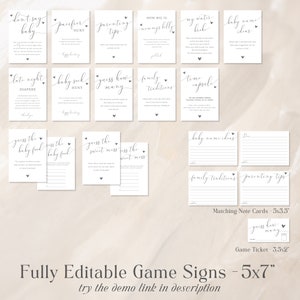 May include: A set of printable baby shower game signs with a gray and white color scheme. The signs are 5x7 inches and feature a variety of games, including "Guess the Baby Food", "Guess How Many", "Late Night Diapers", and "Family Traditions".