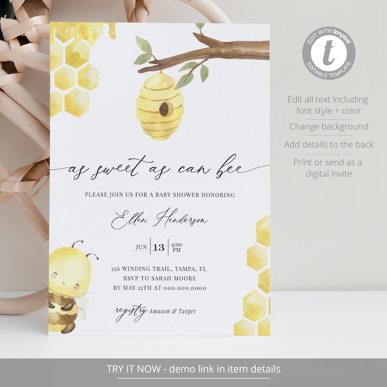 May include: A baby shower invitation with a bee theme. The invitation features watercolor illustrations of honeycombs, a beehive, and a cartoon bee. The text reads "as sweet as can bee" and includes event details.