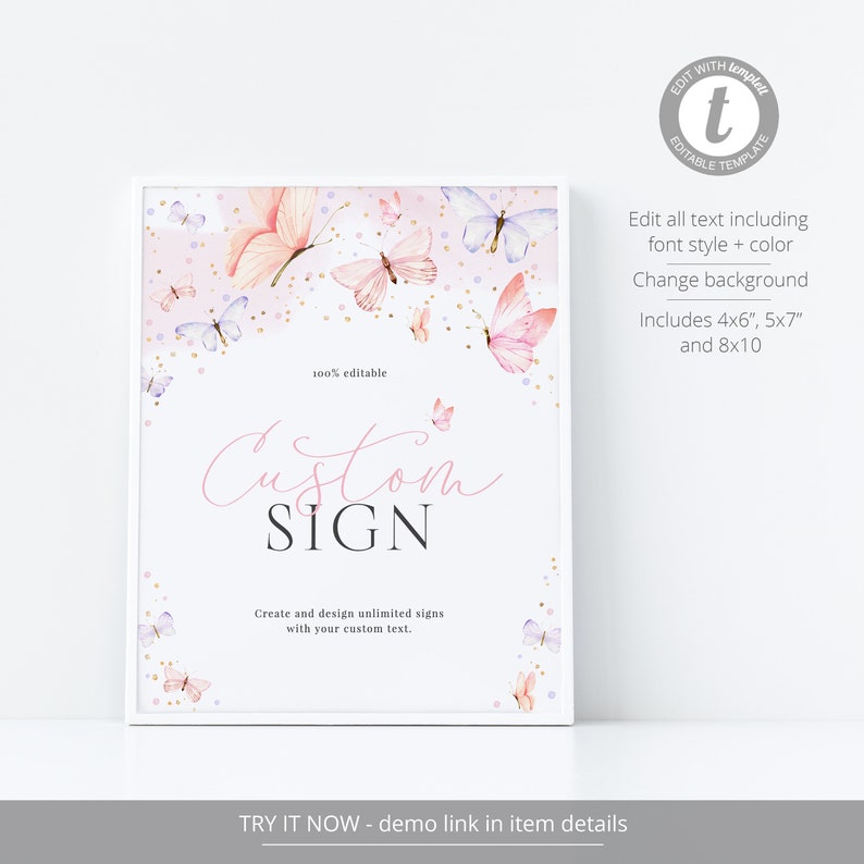 Editable Butterfly Custom Sign Template, Pink Butterfly Custom Sign ...