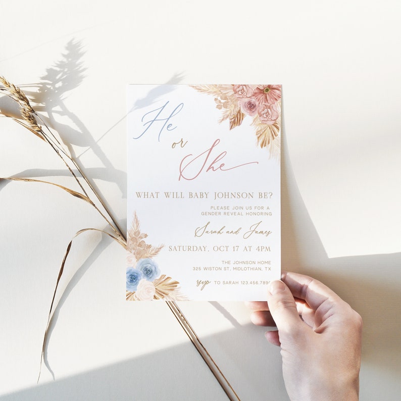 Boho Gender Reveal Invitation Template, He or She Gender Reveal Invite ...