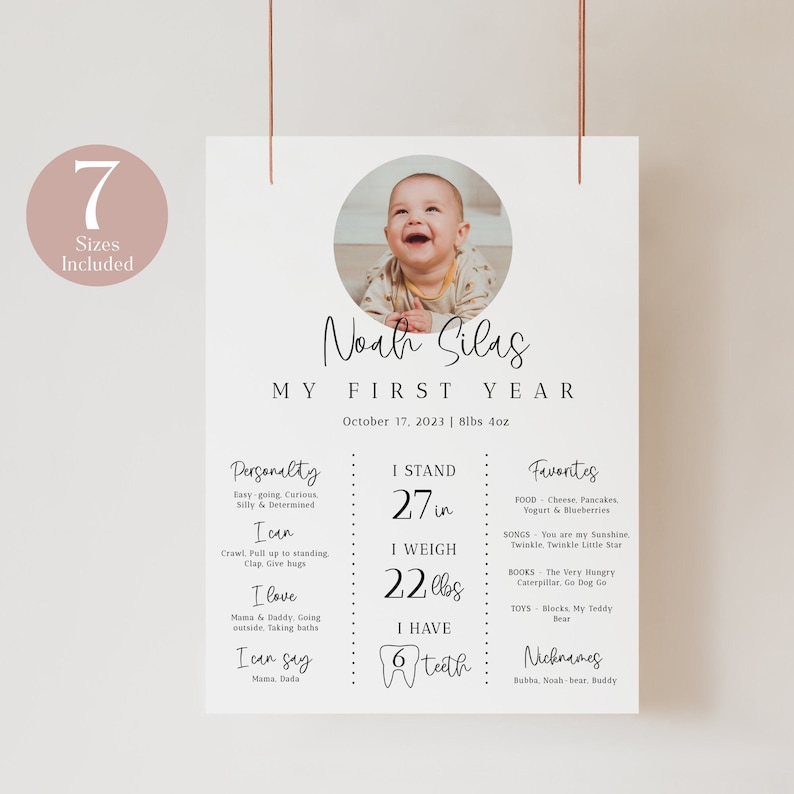 May include: A white printable poster with a photo of a baby boy. The poster is titled "Noah Silas My First Year" and includes details about the baby's first year, such as his height, weight, and favorite foods and songs.
