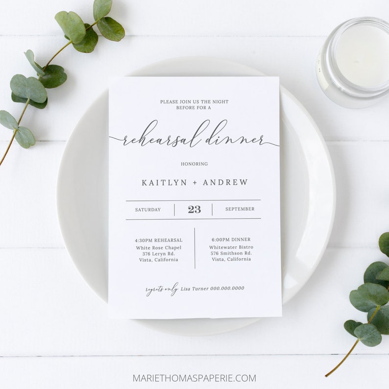 Rehearsal Dinner Invitation, Modern Minimalist Rehearsal Dinner Invite, 100% Editable, Instant Download Emelia image 1