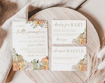 May include: A set of three cards for a baby shower with a fall theme. The cards are decorated with watercolor illustrations of pumpkins, leaves, and flowers. The text on the cards reads "A Sweet Little Pumpkin is on the Way", "Books for Baby", and "Diaper Raffle".
