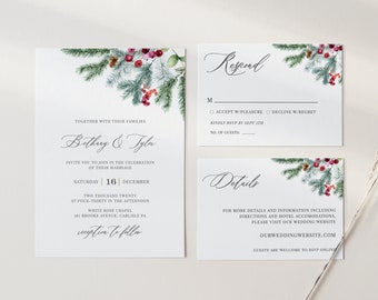 Noella - Descarga de plantilla de invitación de boda de Navidad, conjunto de invitación de boda de pino de invierno, suite de bodas, 100% editable, descarga instantánea