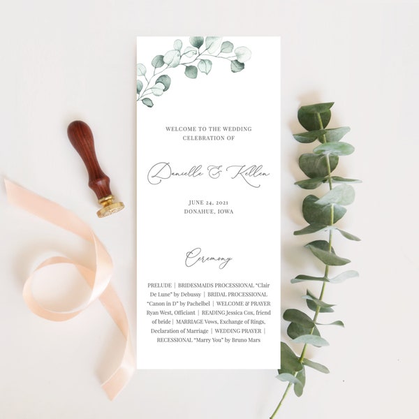 Eucalyptus Wedding Program Template, Elegant Greenery Wedding Ceremony Program, Flat Wedding Program, 100% Editable, Instant Download - Aria