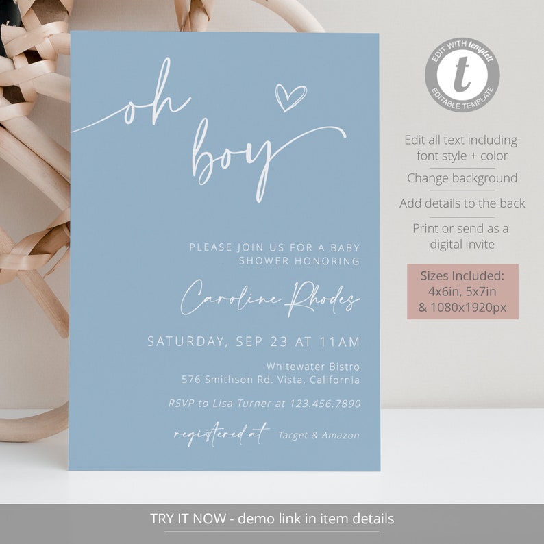 Może przedstawiać: Jasnoniebieskie zaproszenie na baby shower ze słowami "oh boy" w białym skrypcie. Zaproszenie zawiera szczeg&oacute;ły baby shower Caroline Rhodes, w tym datę, godzinę i miejsce. Zaproszenie zawiera r&oacute;wnież informacje RSVP.