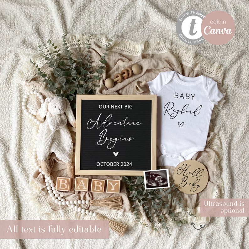May include: A black letter board with the text "Our next big adventure begins" and "October 2024". A white onesie with the text "Baby [name]" and a heart. A wooden circle with the text "Hello Baby". A wooden block spelling "Baby". A white stuffed animal and a garland of wooden beads.