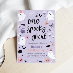 EDYTOWALNE Zaproszenie na przyjęcie urodzinowe Spooky One 1st, Uroczy fioletowy duch, Upiorne zaproszenie na pierwsze urodziny Halloween, Natychmiastowe pobranie - Tootsie