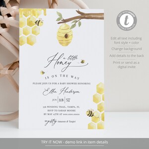 Może przedstawiać: Zaproszenie na baby shower z motywem pszcz&oacute;ł. Zaproszenie zawiera akwarelową ilustrację ula, plastr&oacute;w miodu i pszcz&oacute;ł. Tekst brzmi "A little Honey is on the way." Zaproszenie jest dla Ellen Henderson i zaplanowane jest na 13 czerwca o 16:00. Adres to 356 Winding Trail, Tampa, FL. Informacje RSVP są dla Sarah Moore do 15 maja pod numerem 000.000.0000. Lista prezent&oacute;w jest dostępna na Amazon & Target.