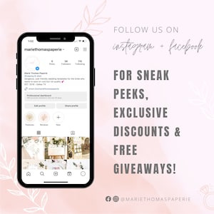 May include: A smartphone displays an Instagram profile with the name "mariethomaspaperie." Text on the right side promotes sneak peeks, exclusive discounts, and free giveaways. The background is a soft pink with floral accents.