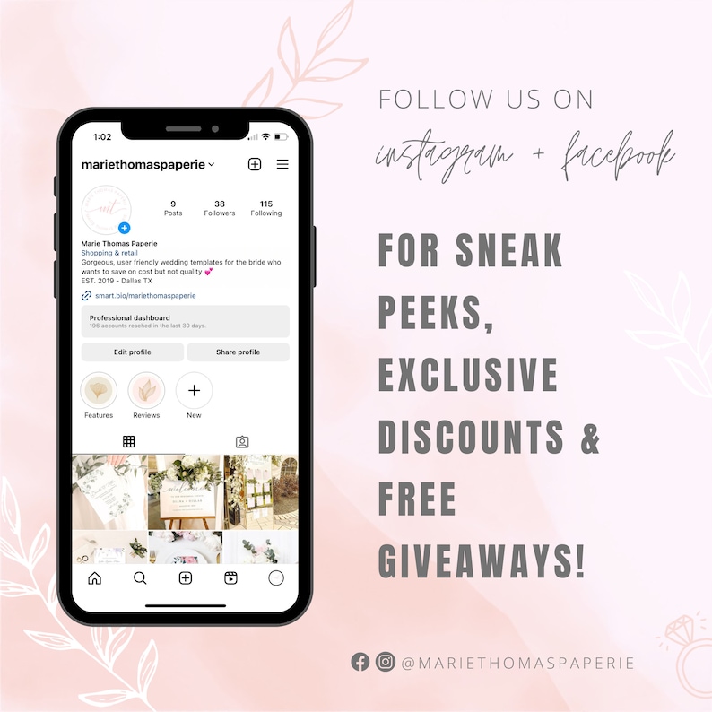 May include: A smartphone displays an Instagram profile with the name "mariethomaspaperie." Text on the right side promotes sneak peeks, exclusive discounts, and free giveaways. The background is a soft pink with floral accents.
