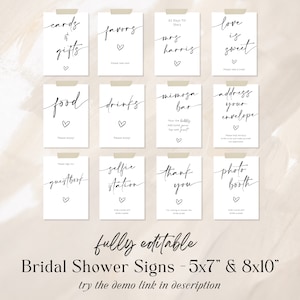 May include: Twelve printable bridal shower signs in black script on a white background. The signs include phrases like "cards & gifts", "favors", "food", "drinks", "mimosa bar", "address your envelope", "guestbook", "selfie station", "thank you", and "photo booth".
