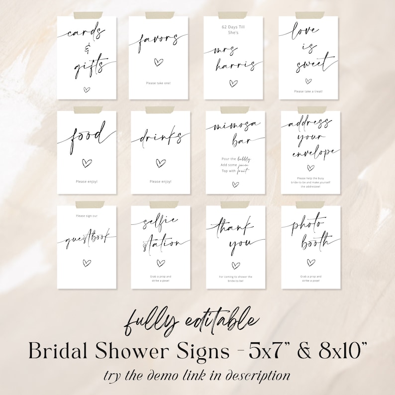 May include: Twelve printable bridal shower signs in black script on a white background. The signs include phrases like "cards & gifts", "favors", "food", "drinks", "mimosa bar", "address your envelope", "guestbook", "selfie station", "thank you", and "photo booth".