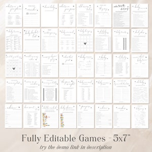 May include: A set of 25 printable baby shower games in black and white with a heart design. The games are 5x7 inches and are fully editable. The text on the image reads "Fully Editable Games - 5x7" and "try the demo link in description".