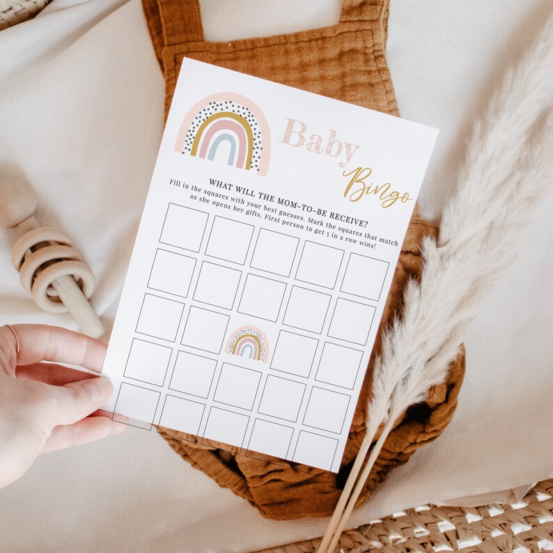 Raylee Baby Bingo Shower Game, Rainbow Baby Shower Games Printable, Boho Baby Games, Editable Template, Instant Download image 4