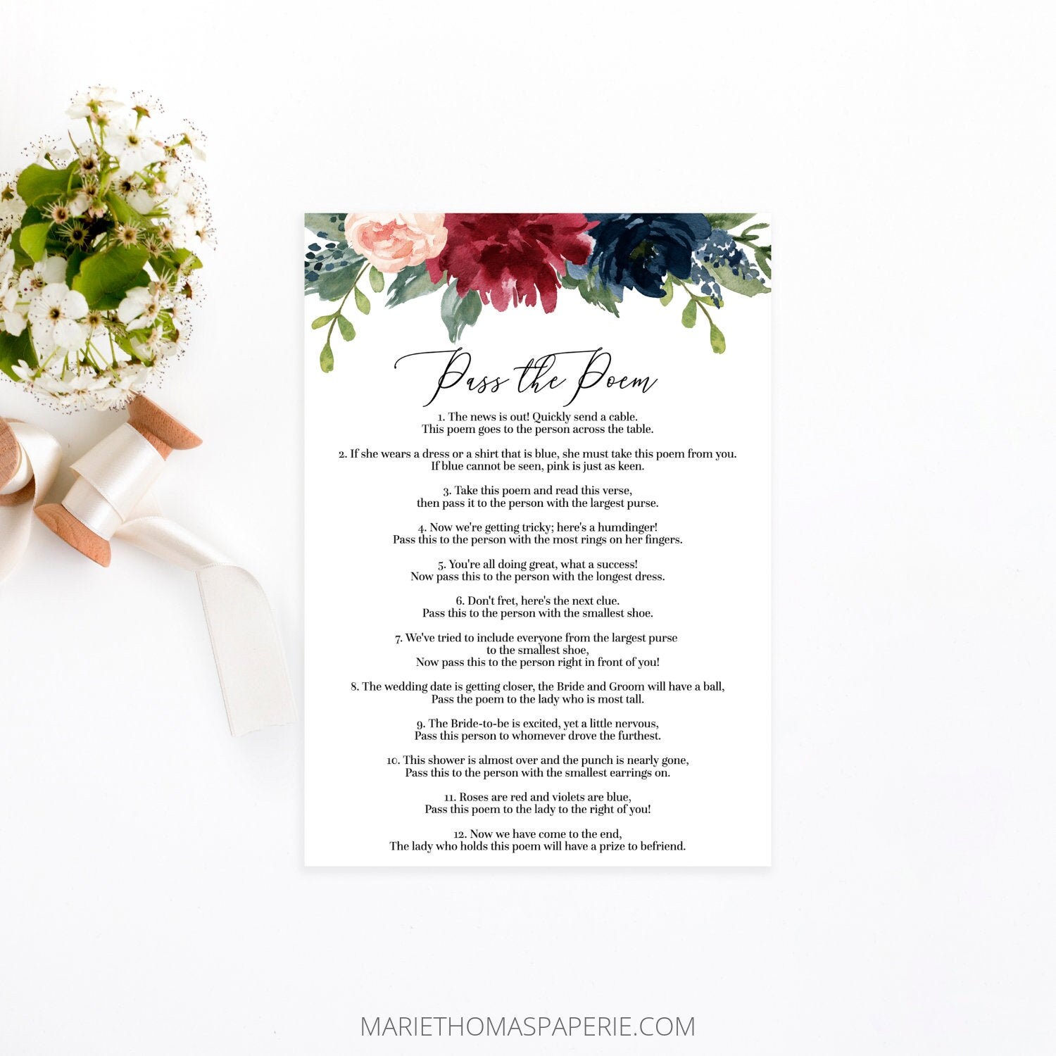 Mara Pass the Poem Bridal Shower Games Printable Burgundy - Etsy