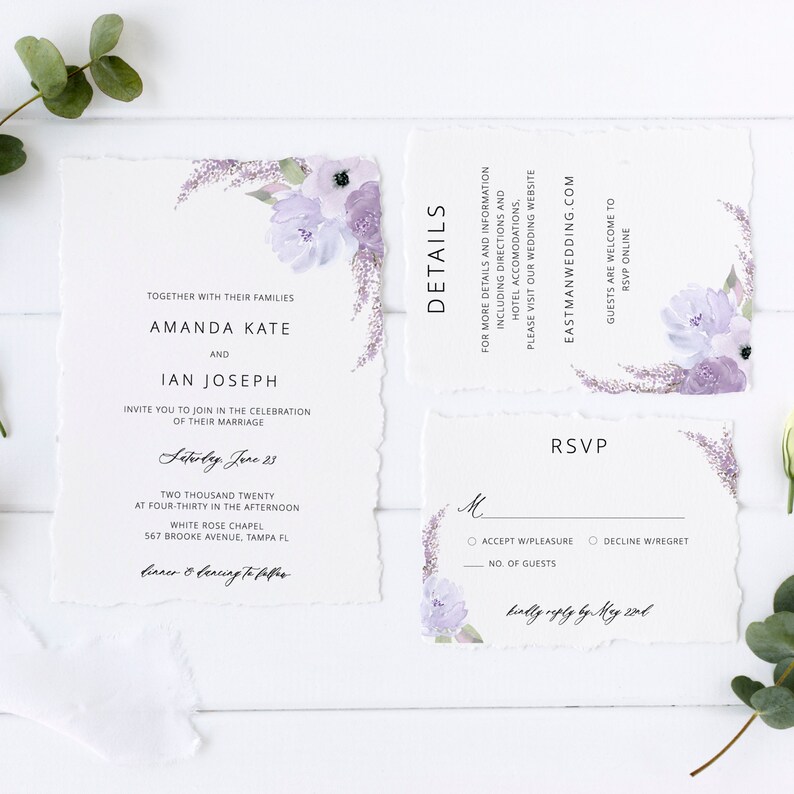 Lavender Wedding Invitation Template Download, Wedding Invitation Set, Purple Floral Wedding Suite, Editable Instant Download Lillian image 1