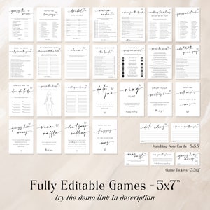 Puede incluir: Un conjunto de juegos de despedida de soltera imprimibles con texto negro sobre fondo blanco. Los juegos incluyen "Adivina el precio", "Empareja las canciones de amor", "Descifrado de palabras de la novia", "M&aacute;s o menos", "Consejos para la novia", "Tradiciones de boda", "Adivina qu&eacute; se necesita", "&iquest;Conoce la novia al novio?", "&iquest;Qu&eacute; palabras de boda comienzan con esta letra?", "&iquest;Qui&eacute;n soy yo?", "&iquest;Qu&eacute; tan bien conoces a la novia?", "El &uacute;ltimo que", "Pasa el bol&iacute;grafo", "&iquest;Qu&eacute; dijo el novio?", "&iquest;Qu&eacute; edad ten&iacute;a la novia?", "Adivina el vestido", "Bingo de boda", "Tarro de citas", "B&uacute;squeda de anillos", "Deja tus bragas aqu&iacute;", "Consejos y buenos deseos para la futura esposa", "Adivina cu&aacute;ntos", "Rifa de vino", "No digas boda", "Adivina cu&aacute;ntos dedos para la futura esposa", "Ideas para citas", "Consejos y buenos deseos", "Tarjetas de notas coincidentes - 5x3,5", "El invitado de la fiesta", "Adivina cu&aacute;ntos", "Boletos de juego - 3,5x2", "Juegos totalmente editables - 5x7", "Prueba el enlace de demostraci&oacute;n en la descripci&oacute;n".