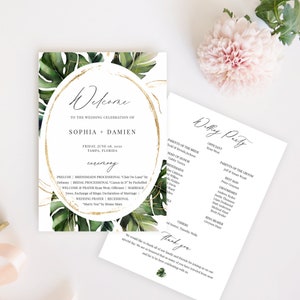 Nalani Tropical Wedding Program Fan Template, Monstera Palm Leaves, Wedding Ceremony Program, 100% Editable, Instant Download image 2