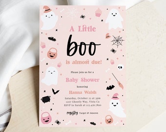 EDYTOWALNE Zaproszenie na Baby Shower z okazji Halloween, Uroczy Różowy Duch, Upiorne Zaproszenie na Baby Shower, Little Boo Prawie Na Termin, Natychmiastowe Pobranie - Lolli