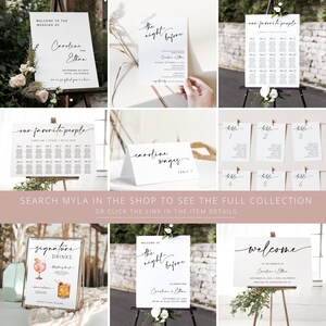 Op de afbeelding: Huwelijksbordenset met zwarte kalligrafie. De set bevat een welkomstbord, een zitplaatskaart, tafelkaarten en een bord voor signature drinks. De borden zijn gedrukt op wit karton en hebben een minimalistisch ontwerp.