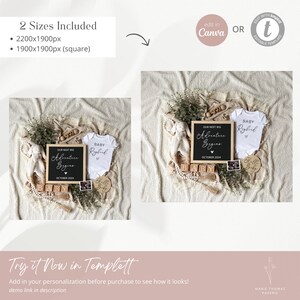 May include: A digital printable baby announcement with a chalkboard sign that says "Our next big adventure begins" with a heart and the date "October 2024". There is a white onesie with the text "Baby Rybil" and a wooden sign that says "Hello Baby".